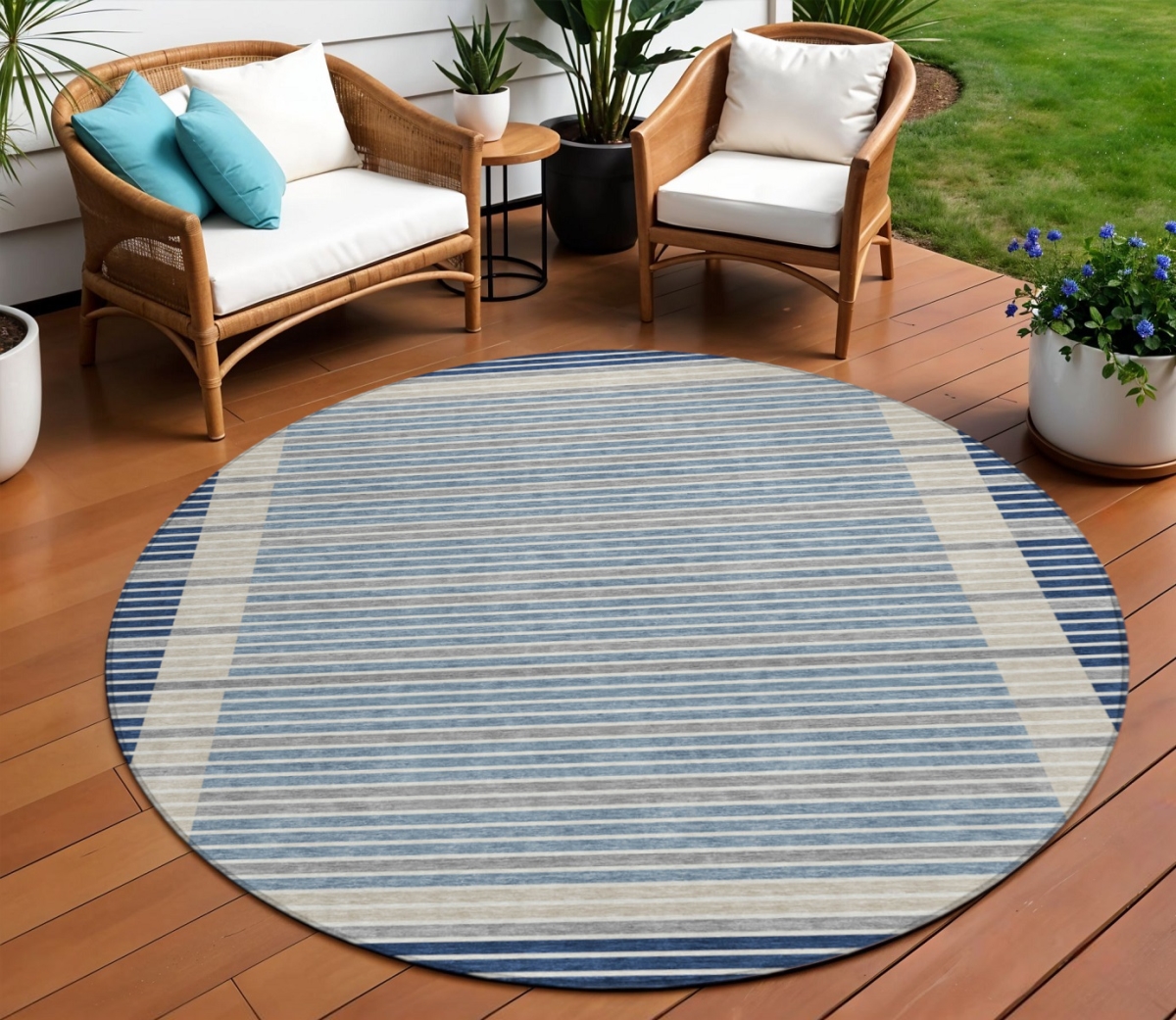 610488 8 ft. Navy Blue & Denim Blue Round Striped Washable Indoor & Outdoor Area Rug