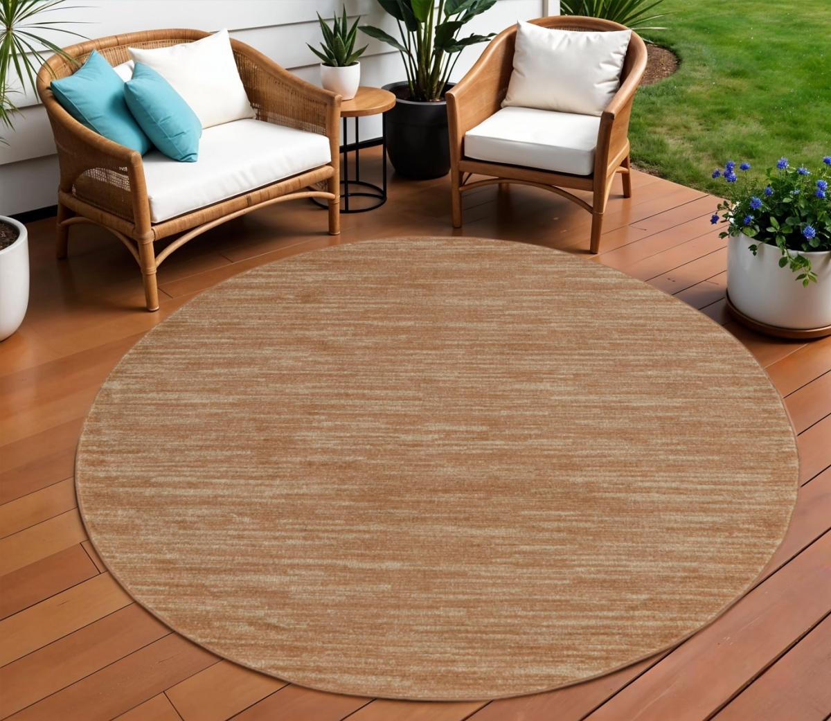 572569 8 ft. Rust Round Abstract Indoor & Outdoor Area Rug