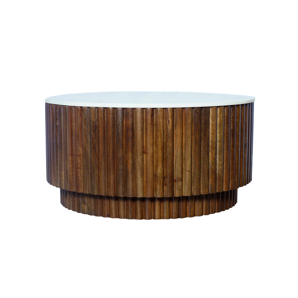 606251 36 in. Brown Genuine Marble & Solid Wood Round Drum Coffee Table