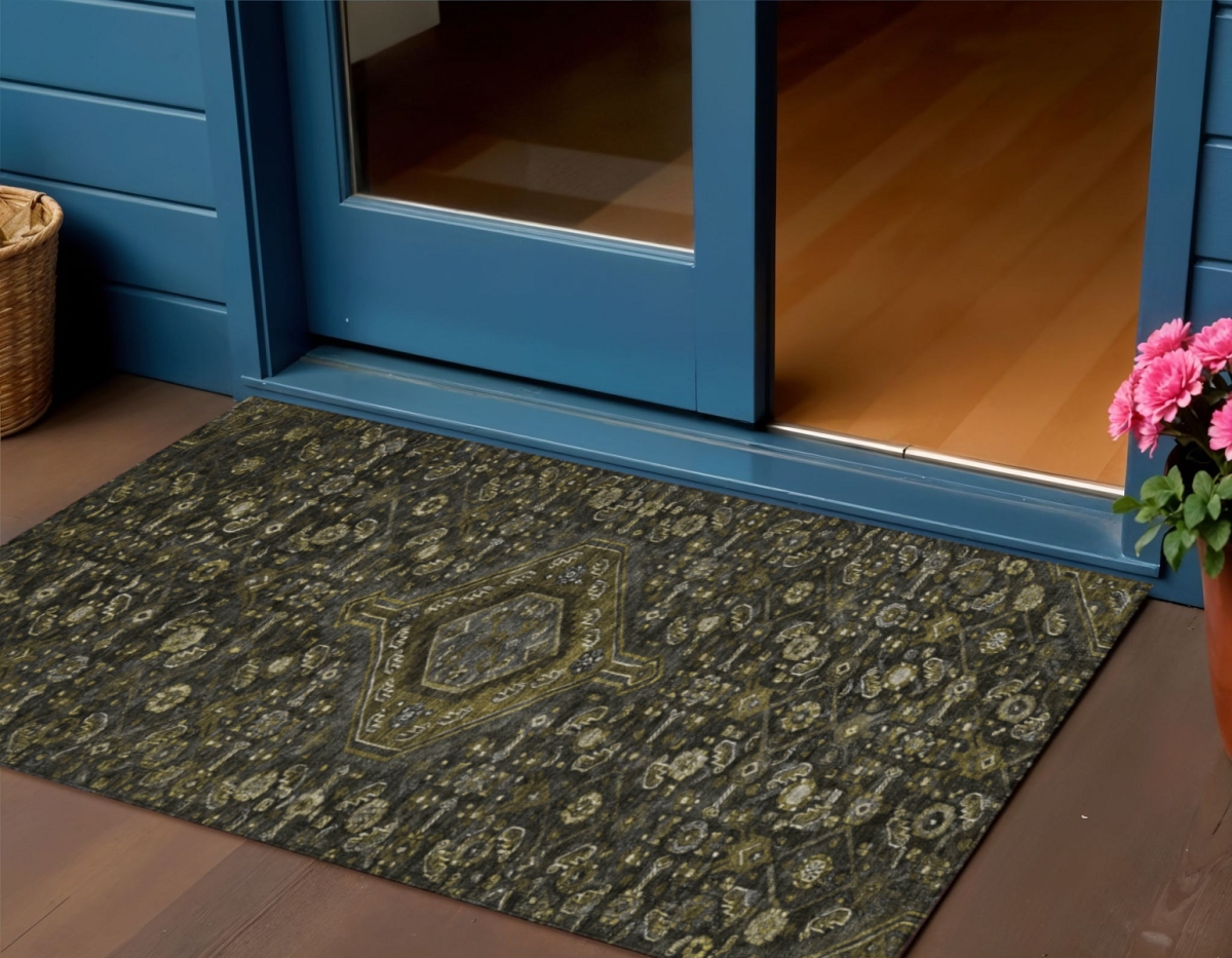 607392 3 x 5 ft. Charcoal Medallion Washable Indoor & Outdoor Rectangle Area Rug