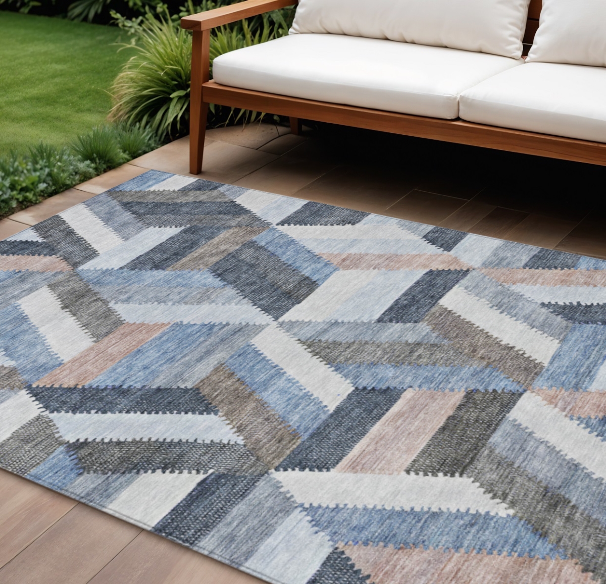 608051 10 x 14 ft. Blue Geometric Washable Indoor & Outdoor Rectangle Area Rug