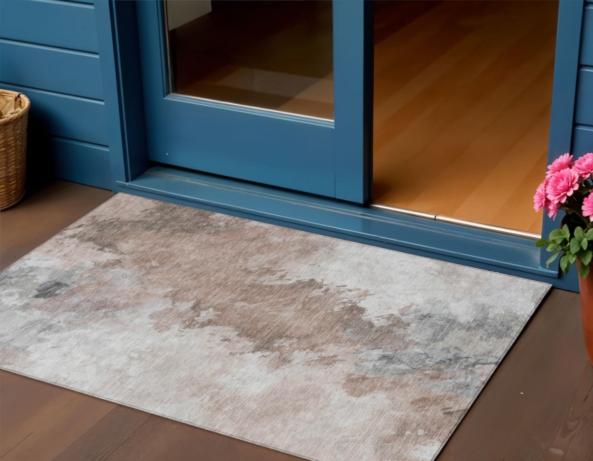 617407 3 x 5 ft. Brown Ivory & Gray Abstract Washable Indoor & Outdoor Rectangle Area Rug