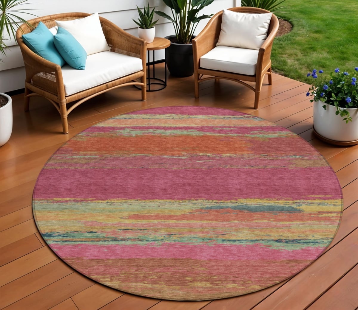 608633 8 ft. Blush Round Abstract Washable Indoor & Outdoor Area Rug