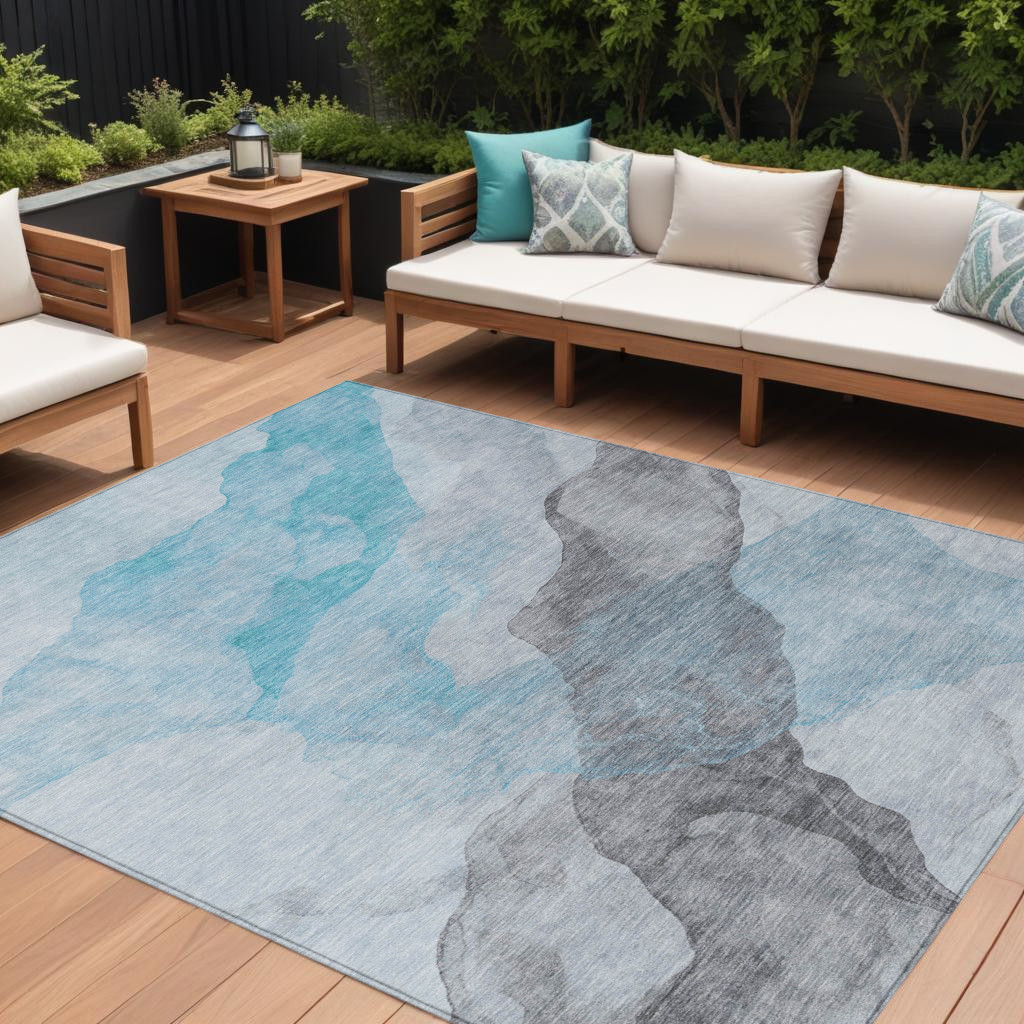 631860 8 x 10 ft. Teal Blue & Gray Abstract Washable Indoor & Outdoor Rectangle Area Rug