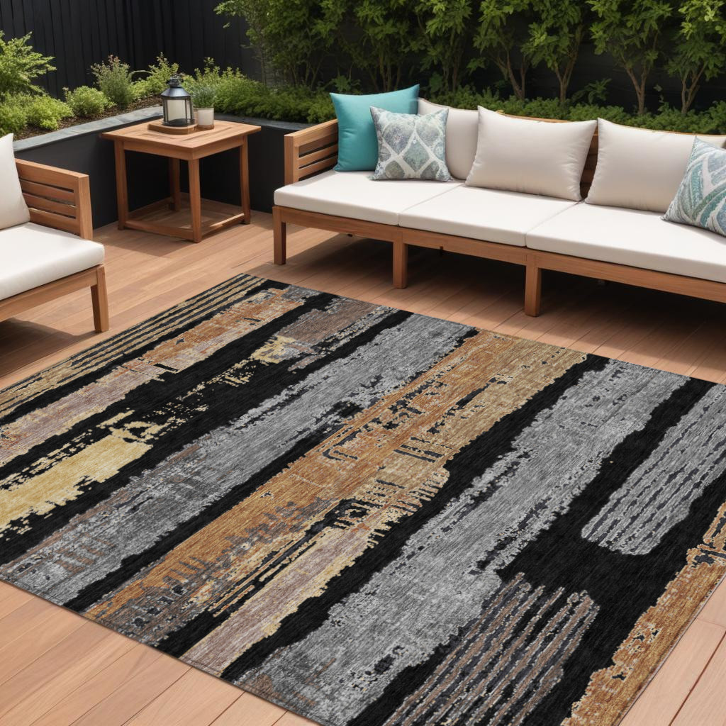 616645 10 x 14 ft. Black Gold & Brown Striped Washable Indoor & Outdoor Rectangle Area Rug