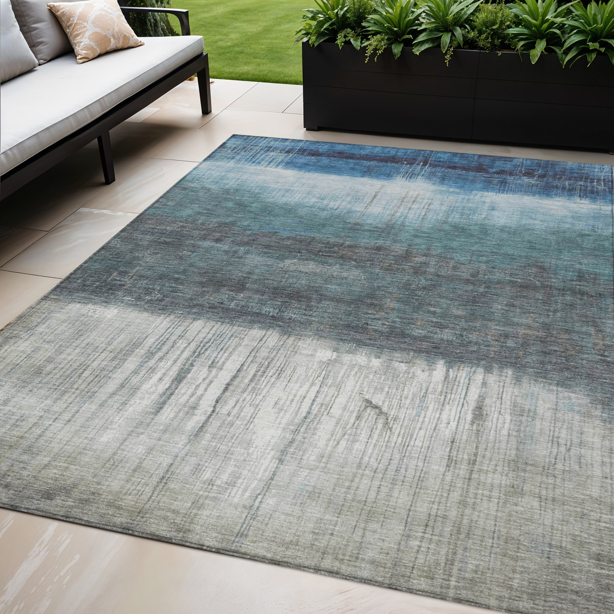 632042 5 x 8 ft. Blue & Gray Abstract Washable Indoor & Outdoor Rectangle Area Rug