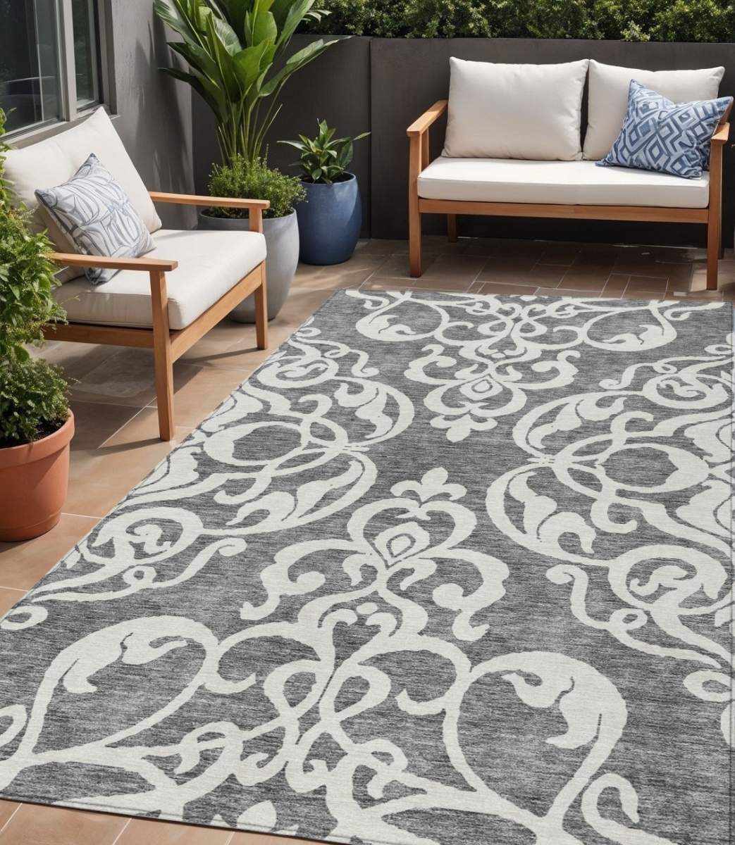614432 5 x 8 ft. Gray & Ivory Damask Washable Indoor & Outdoor Rectangle Area Rug
