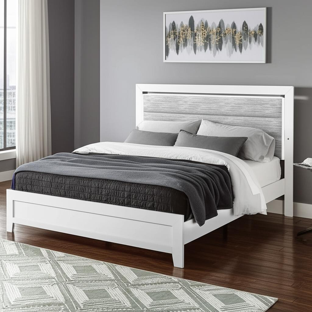 564732 Wood & Upholstery Lighted Bed Frame, White & Gray - Twin Size