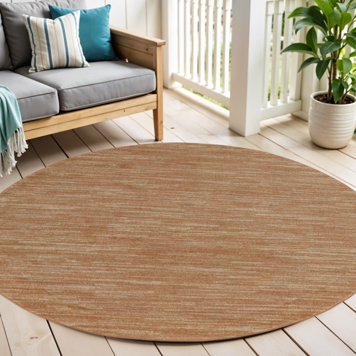 572370 6 ft. Rust & Beige Round Abstract Indoor & Outdoor Area Rug