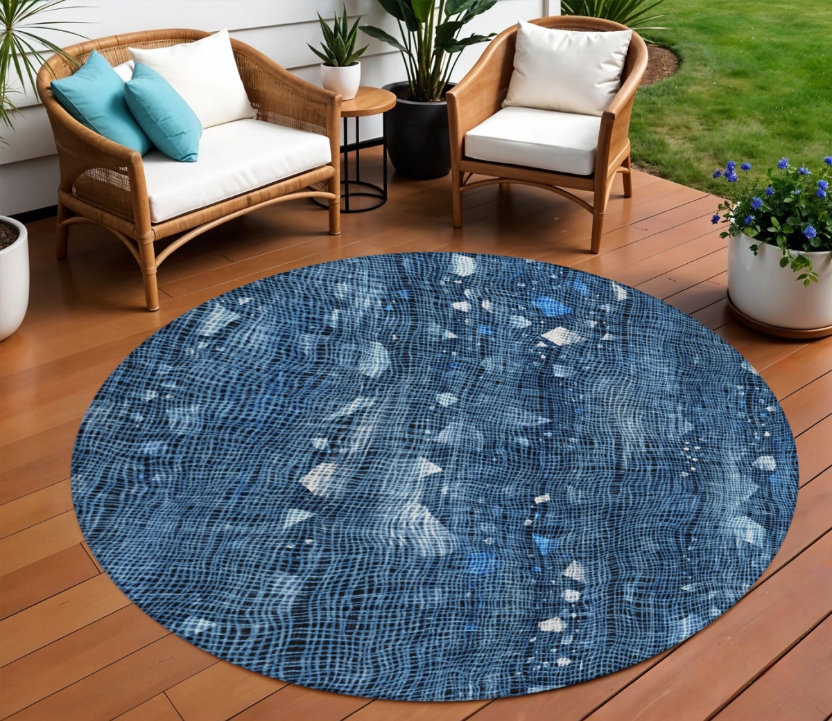631163 8 ft. Blue & Ivory Round Abstract Washable Indoor & Outdoor Area Rug