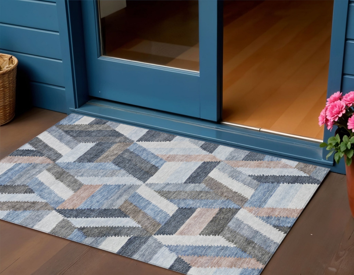 608046 3 x 5 ft. Blue Geometric Washable Indoor & Outdoor Rectangle Area Rug