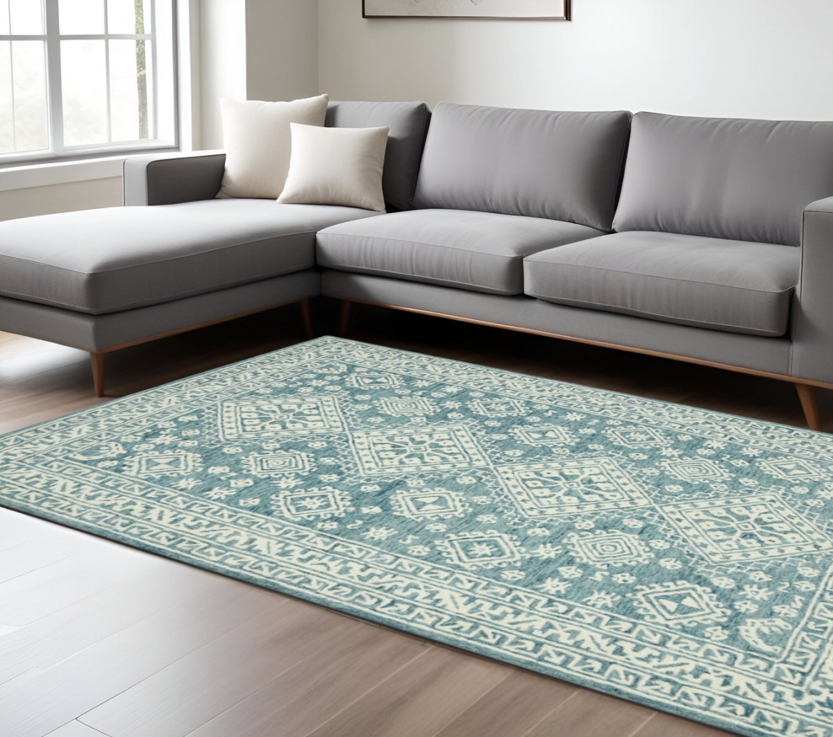 570365 8 x 10 ft. Aqua & Ivory Wool Oriental Hand Hooked Rectangle Area Rug
