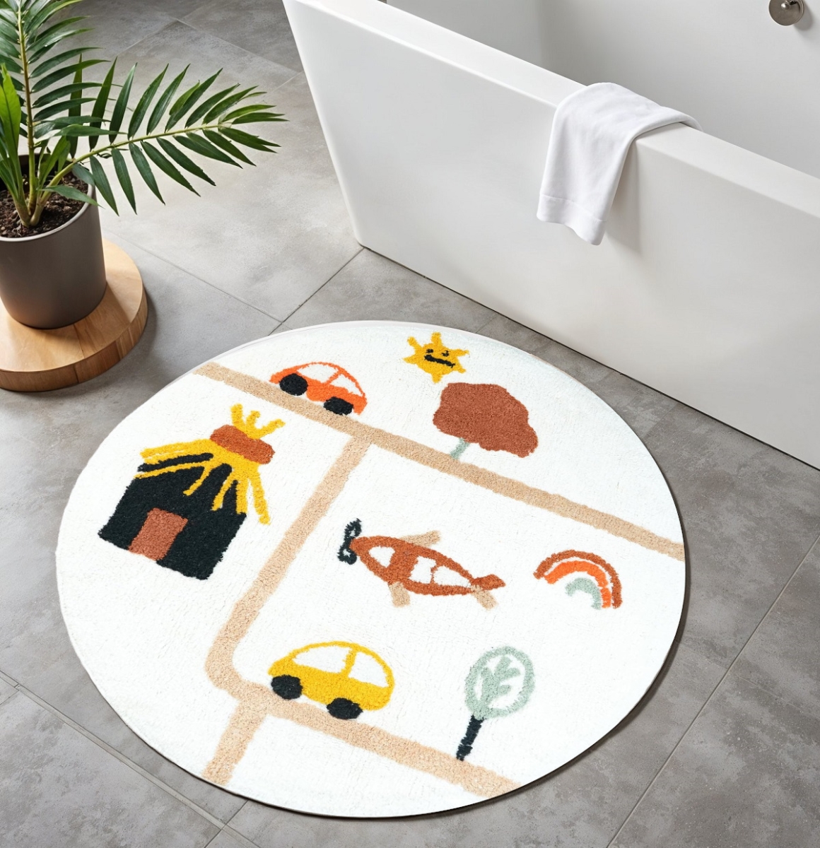 634889 32 in. White Yellow & Red Cotton Cars Round Youthful Bath Rug