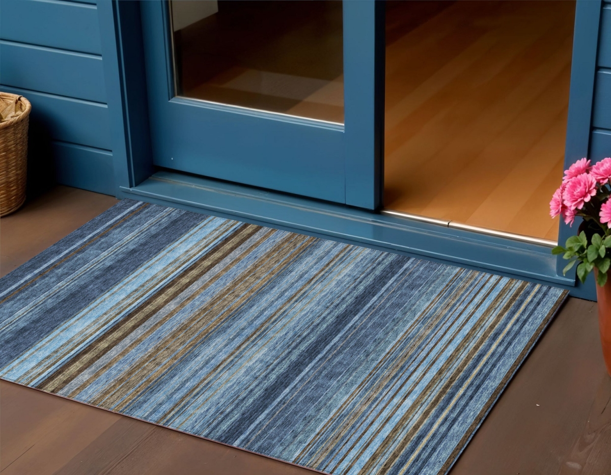 614815 3 x 5 ft. Navy Blue Sky Blue & Taupe Striped Washable Indoor & Outdoor Rectangle Area Rug
