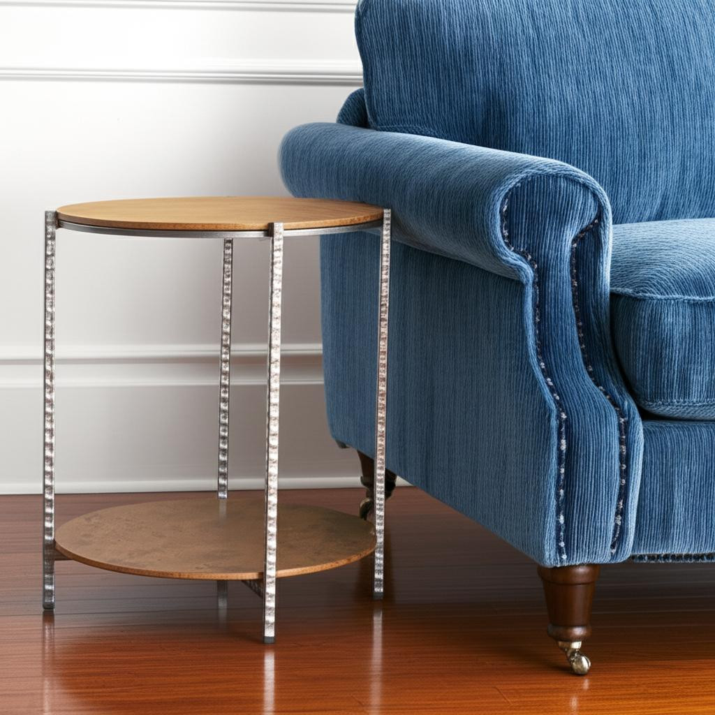 632662 22 in. Natural & Silver Wood & Steel Round End Table with Shelf, Brown