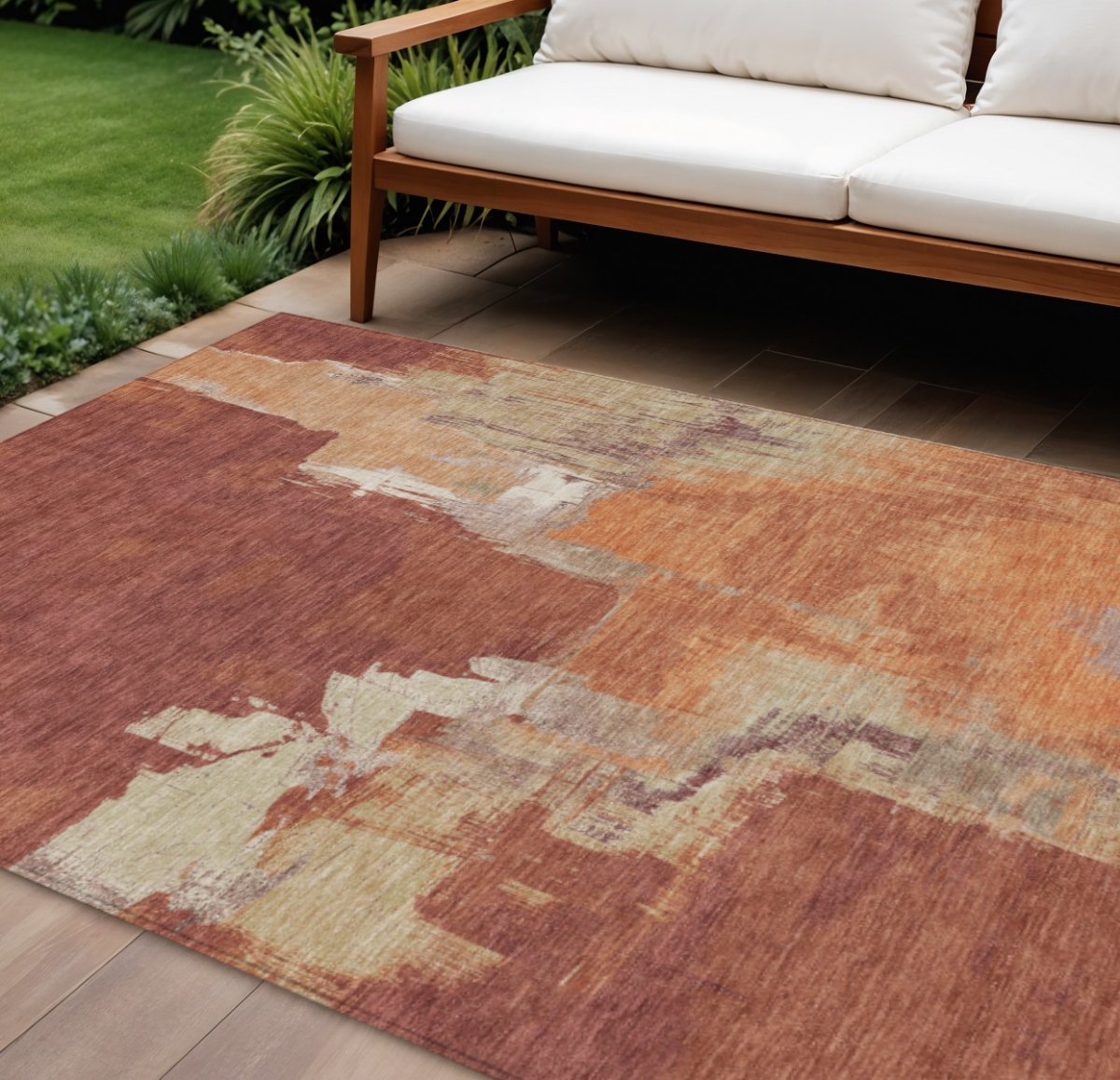 609176 9 x 12 ft. Orange & Burnt Orange Abstract Washable Indoor & Outdoor Rectangle Area Rug
