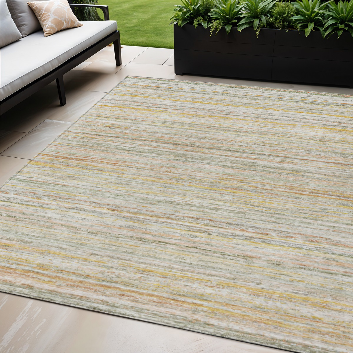 607975 5 x 8 ft. Sage Striped Washable Indoor & Outdoor Rectangle Area Rug