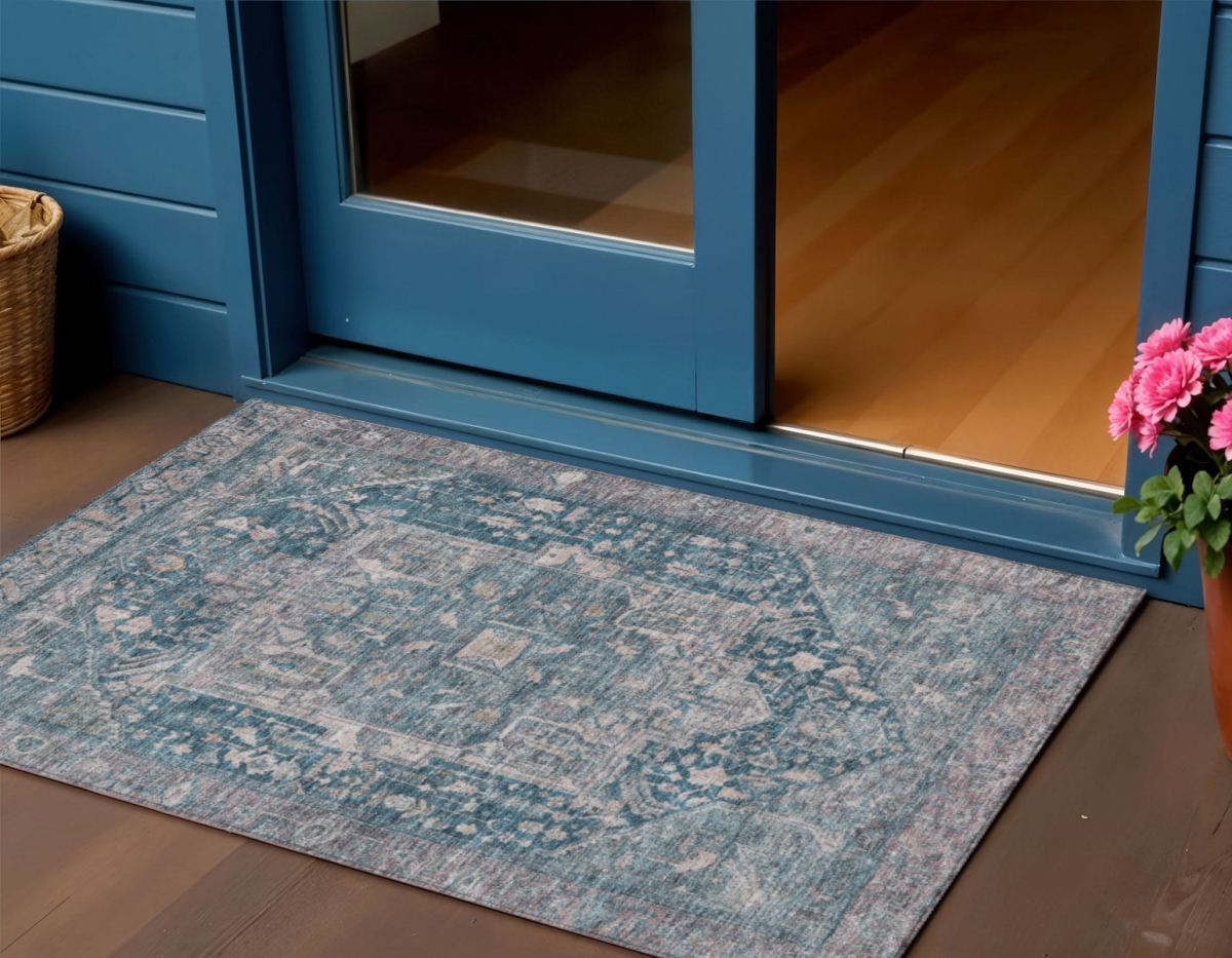 607998 3 x 5 ft. Blue Medallion Washable Indoor & Outdoor Rectangle Area Rug