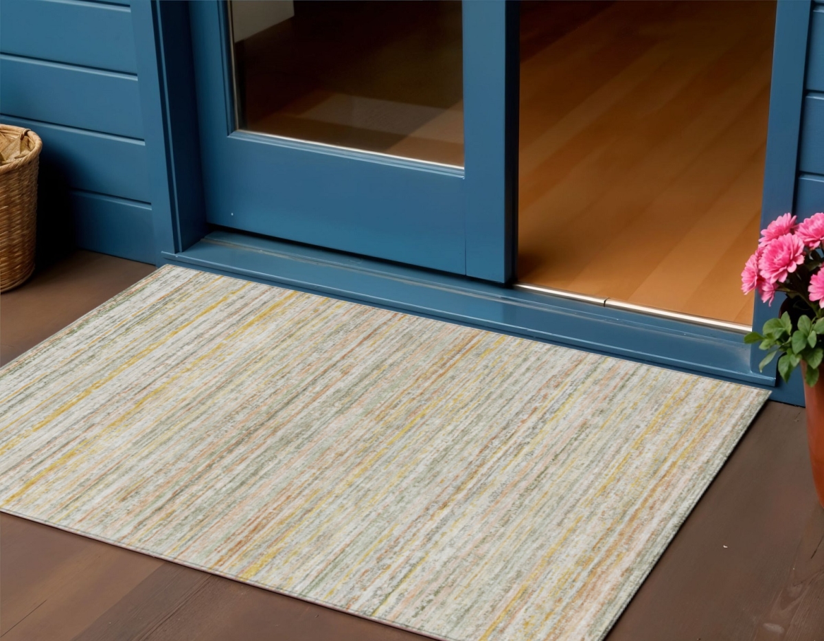 607974 3 x 5 ft. Sage Striped Washable Indoor & Outdoor Rectangle Area Rug