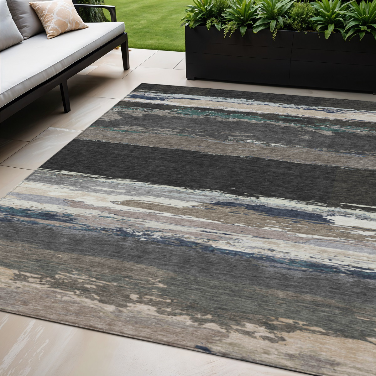 608626 5 x 8 ft. Black Abstract Washable Indoor & Outdoor Rectangle Area Rug