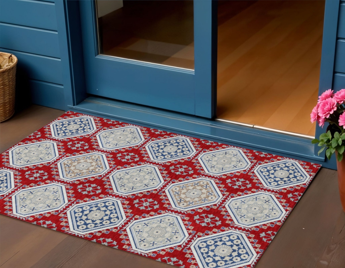 610769 3 x 5 ft. Red & Navy Blue Floral Washable Indoor & Outdoor Rectangle Area Rug