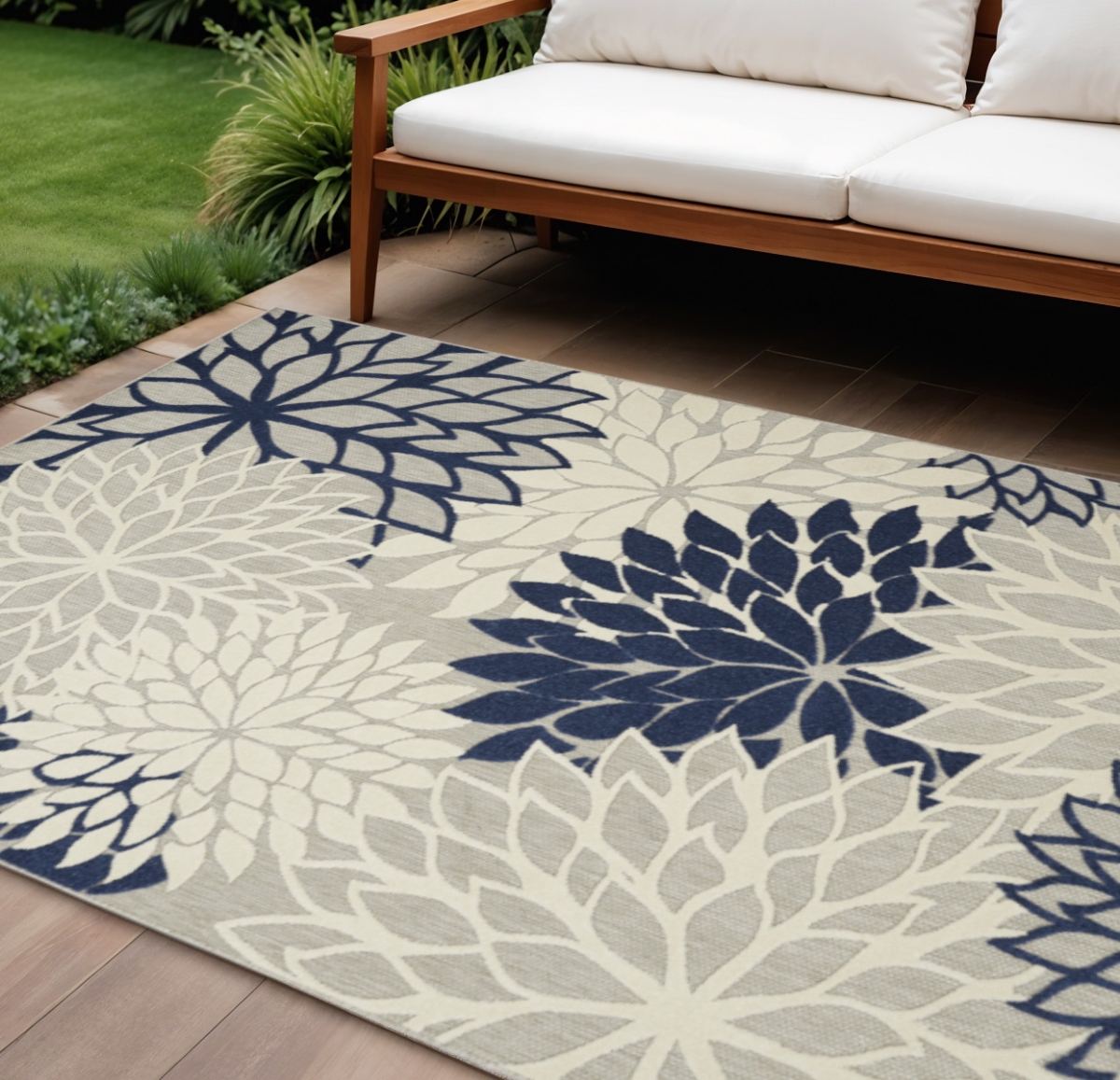 564202 9 x 12 ft. Gray Ivory & Navy Blue Floral Indoor Outdoor Area Rug