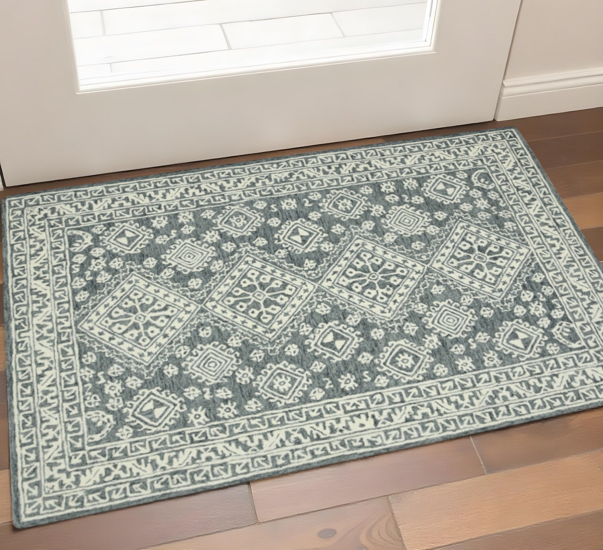 570359 2 x 3 ft. Slate Gray & Ivory Wool Oriental Hand Hooked Rectangle Area Rug