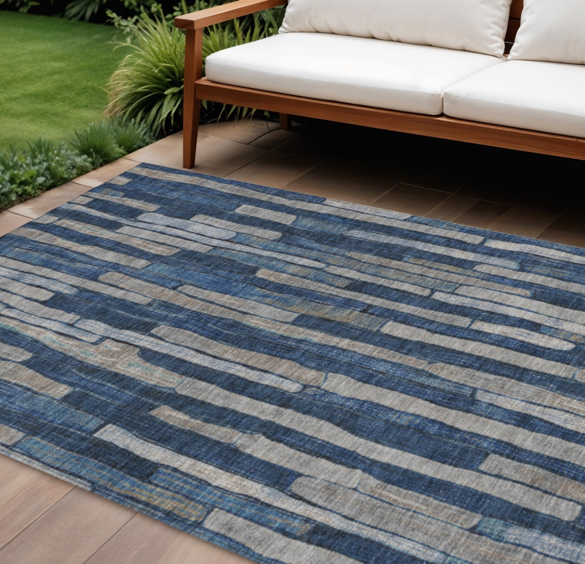 608957 10 x 14 ft. Navy Blue & Denim Blue Striped Washable Indoor & Outdoor Rectangle Area Rug