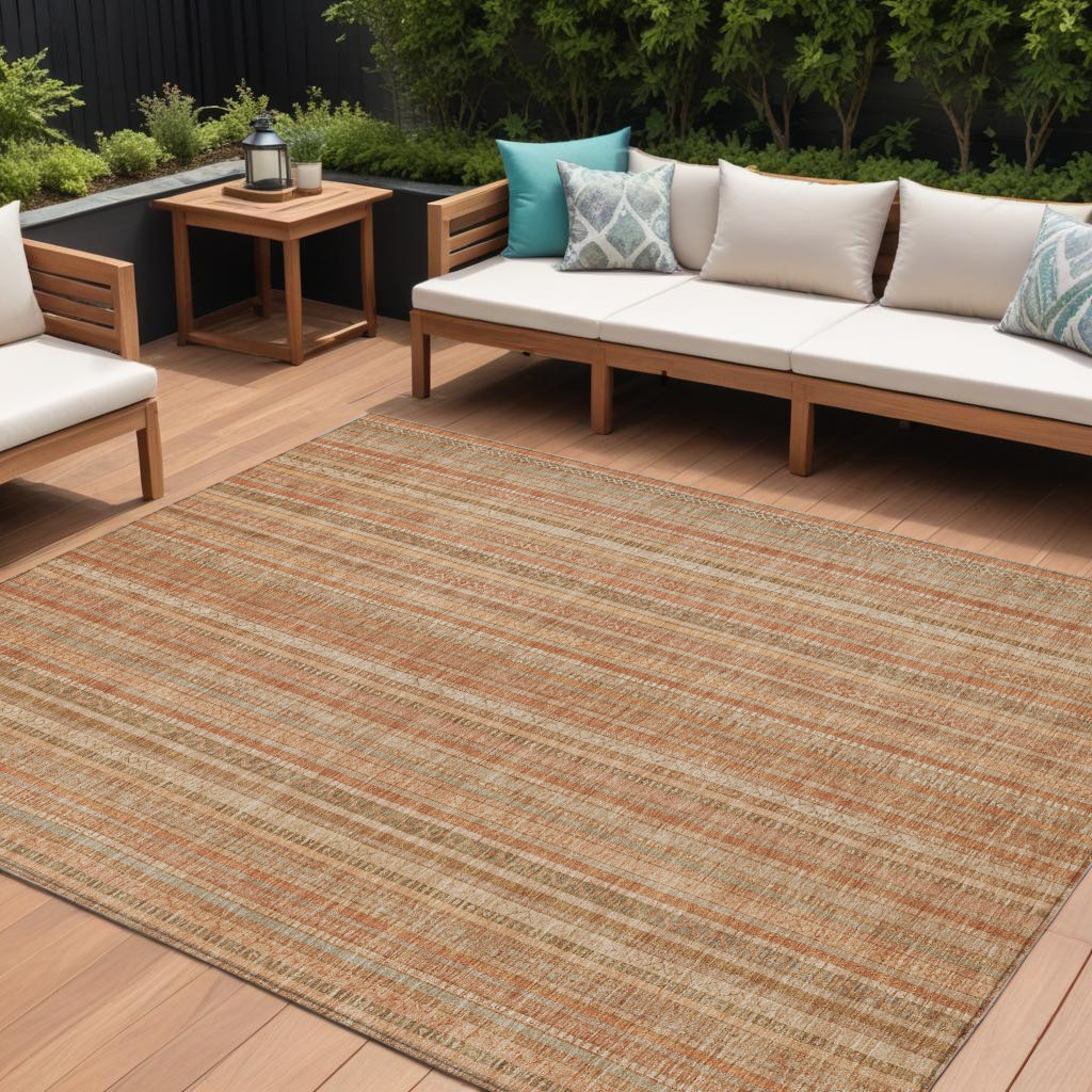616410 9 x 12 ft. Rust Beige & Linen Striped Washable Indoor & Outdoor Rectangle Area Rug