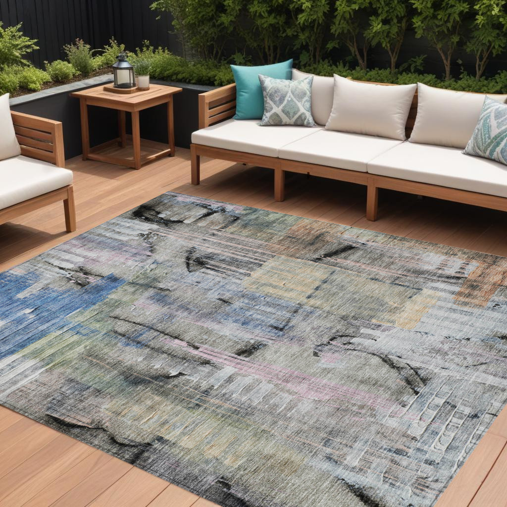 630950 10 x 14 ft. Blue Black & Copper Abstract Washable Indoor & Outdoor Rectangle Area Rug