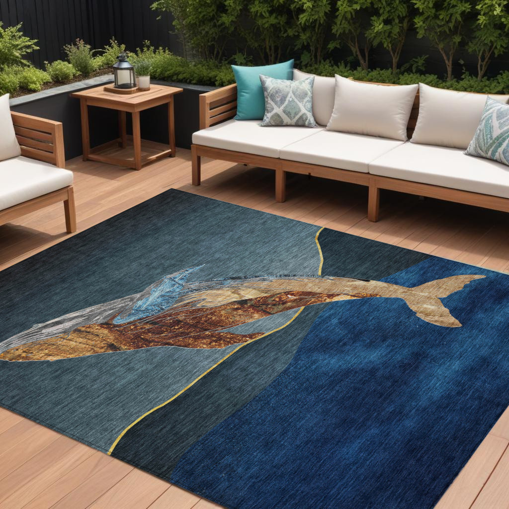 630968 10 x 14 ft. Blue & Brown Animal Print Washable Indoor & Outdoor Rectangle Area Rug