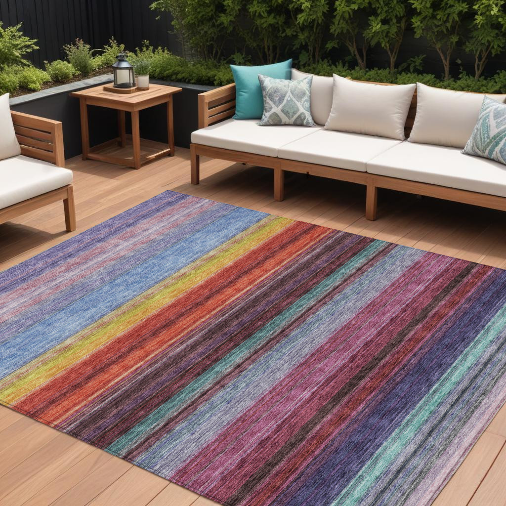 614812 8 x 10 ft. Lavender Blush & Blue Striped Washable Indoor & Outdoor Rectangle Area Rug