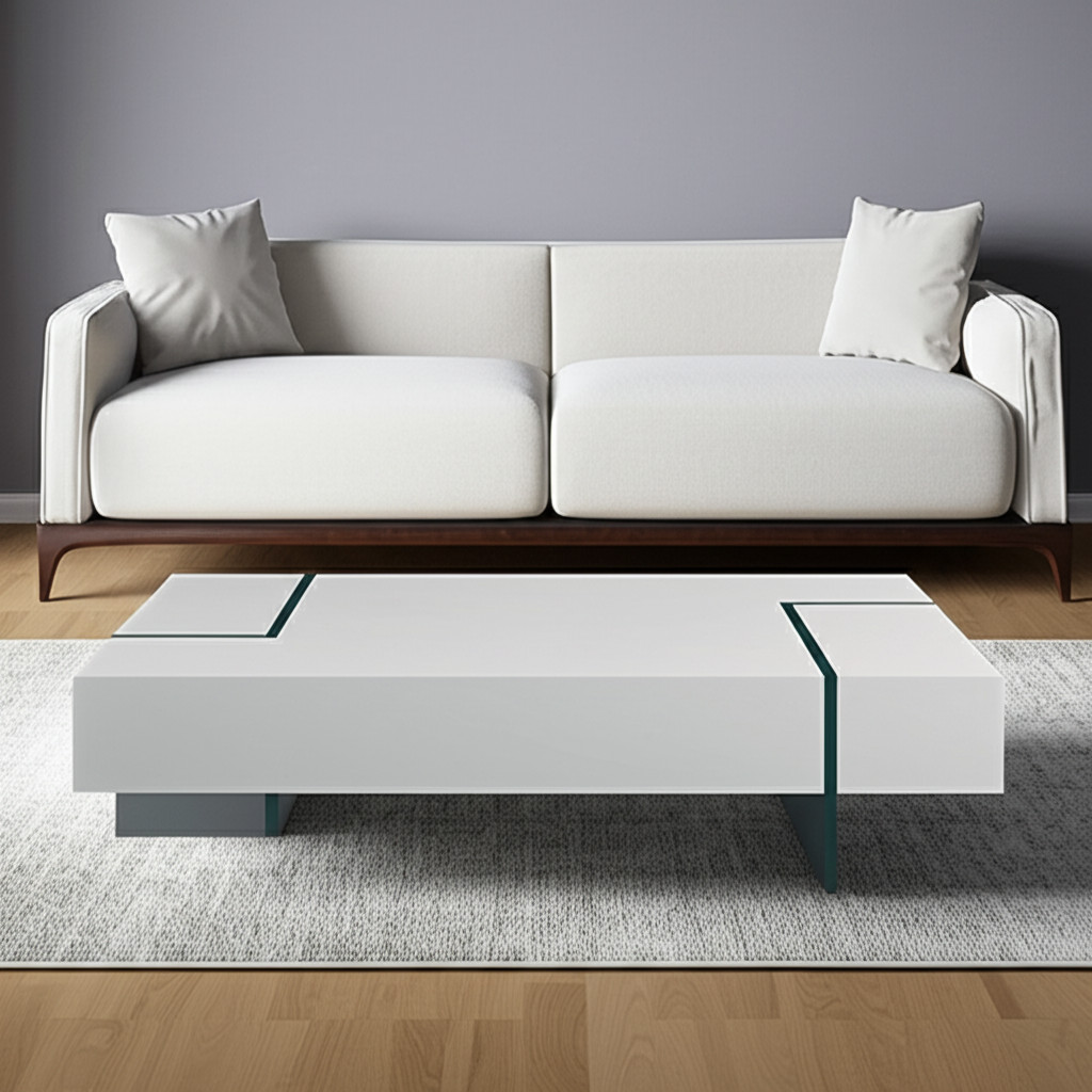 554286 53 in. White & Clear Wood & Glass Sled Coffee Table