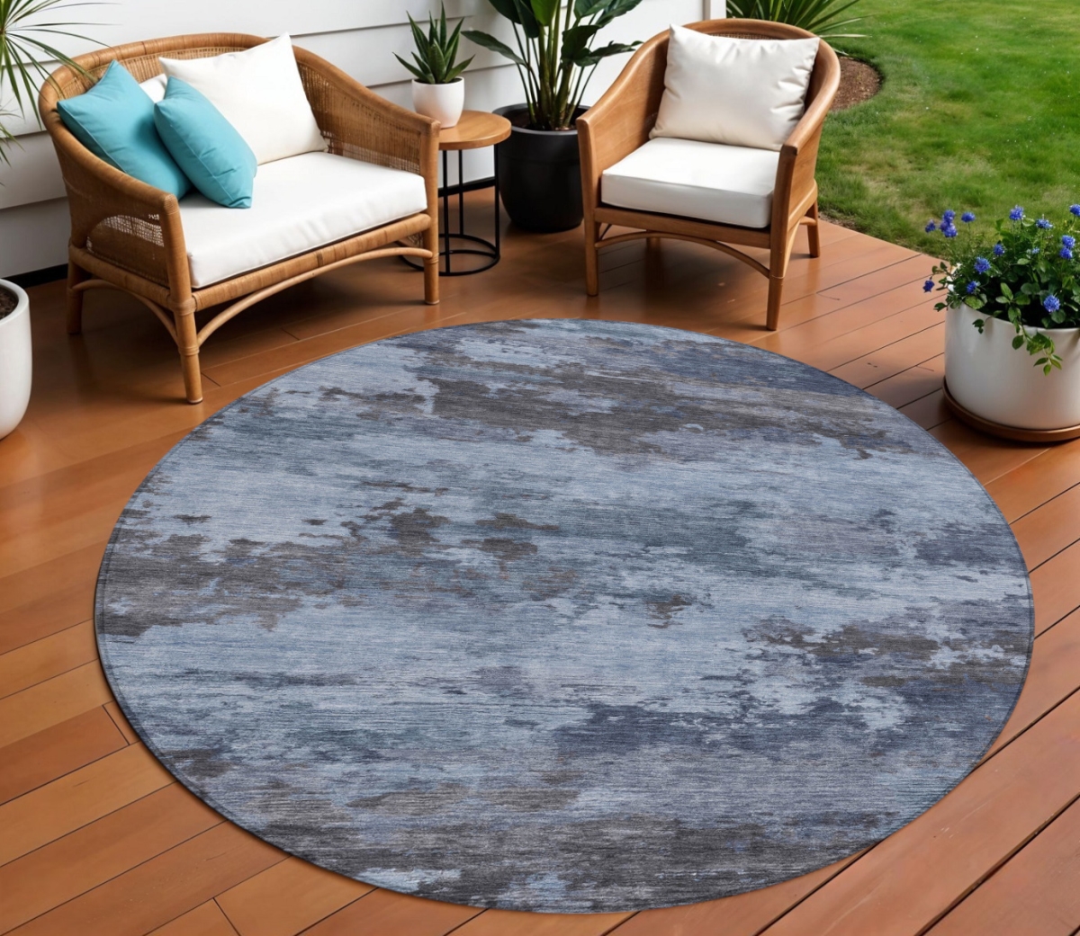 630917 8 ft. Blue & Charcoal Round Abstract Washable Indoor & Outdoor Area Rug