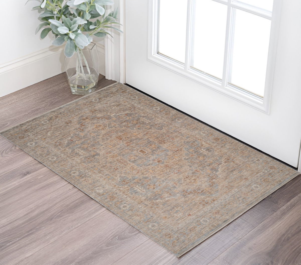 571141 2 x 3 ft. Blue & Sand Floral Medallion Rectangle Area Rug with Fringe