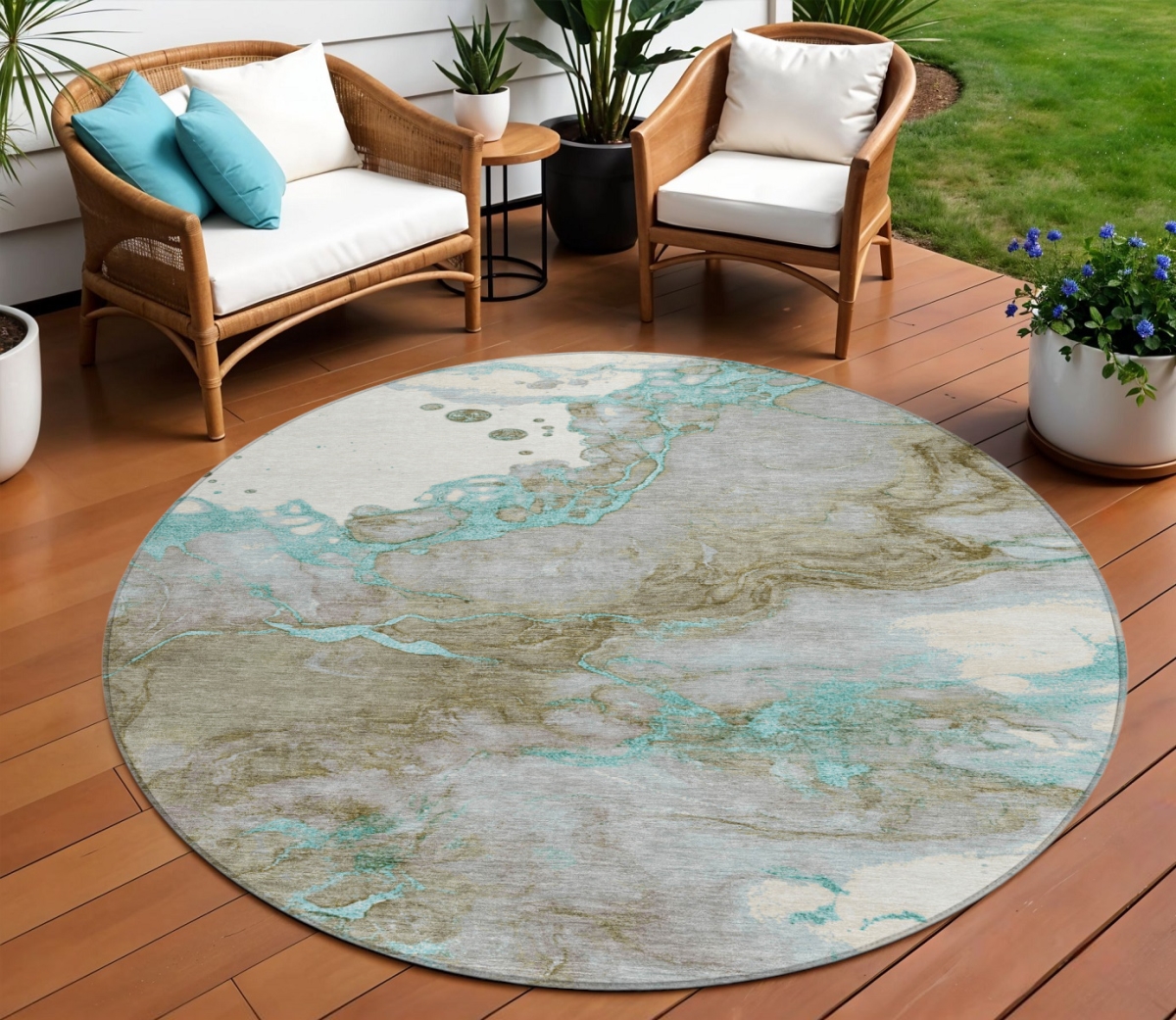 631893 8 ft. Teal Blue & Brown Round Abstract Washable Indoor & Outdoor Area Rug