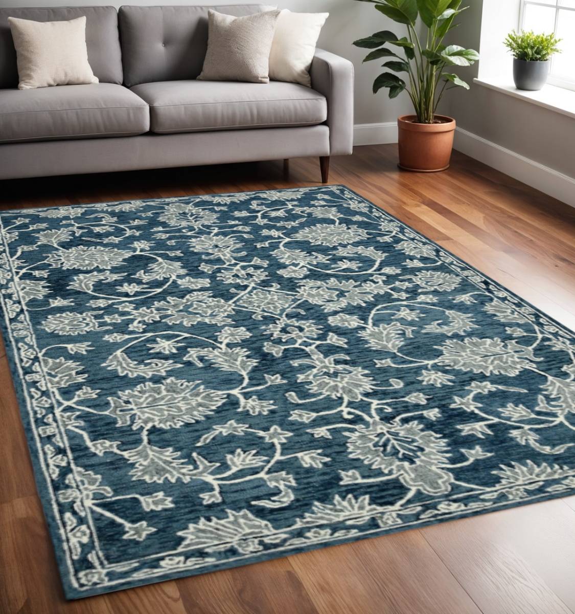 570404 5 x 8 ft. Teal Gray & Ivory Wool Floral Medallion Hand Hooked Rectangle Area Rug