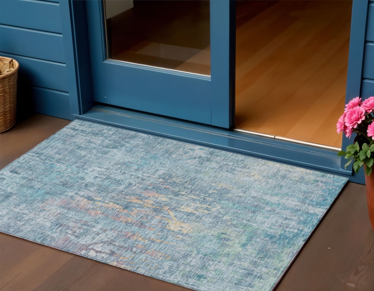 607860 3 x 5 ft. Blue Abstract Washable Indoor & Outdoor Rectangle Area Rug