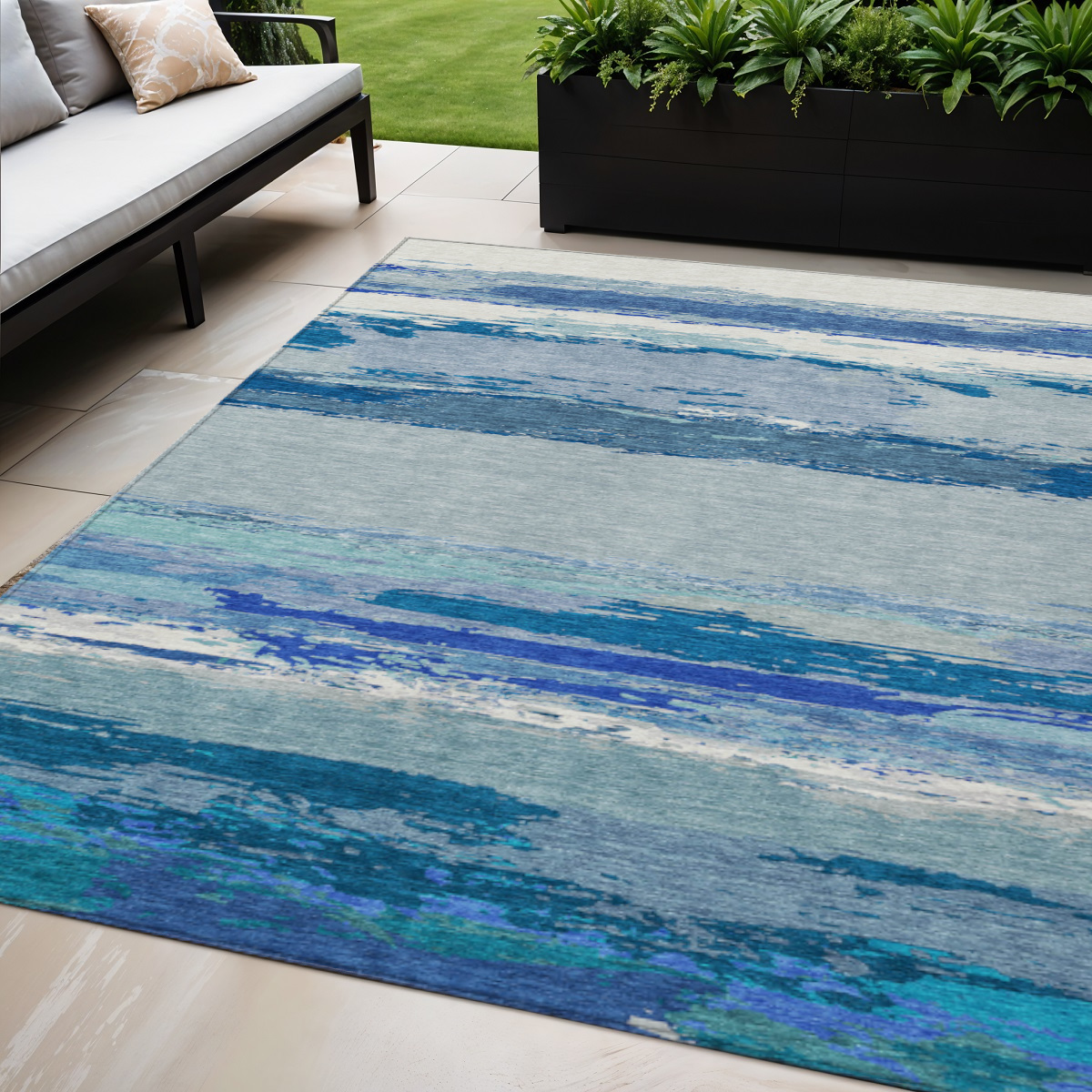 608638 5 x 8 ft. Blue Abstract Washable Indoor & Outdoor Rectangle Area Rug