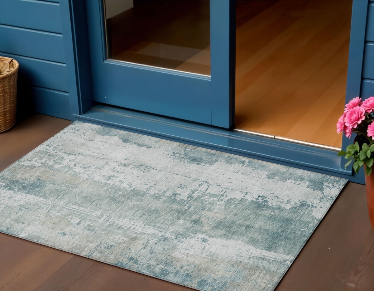 616202 3 x 5 ft. Turquoise & Ivory Abstract Washable Indoor & Outdoor Rectangle Area Rug