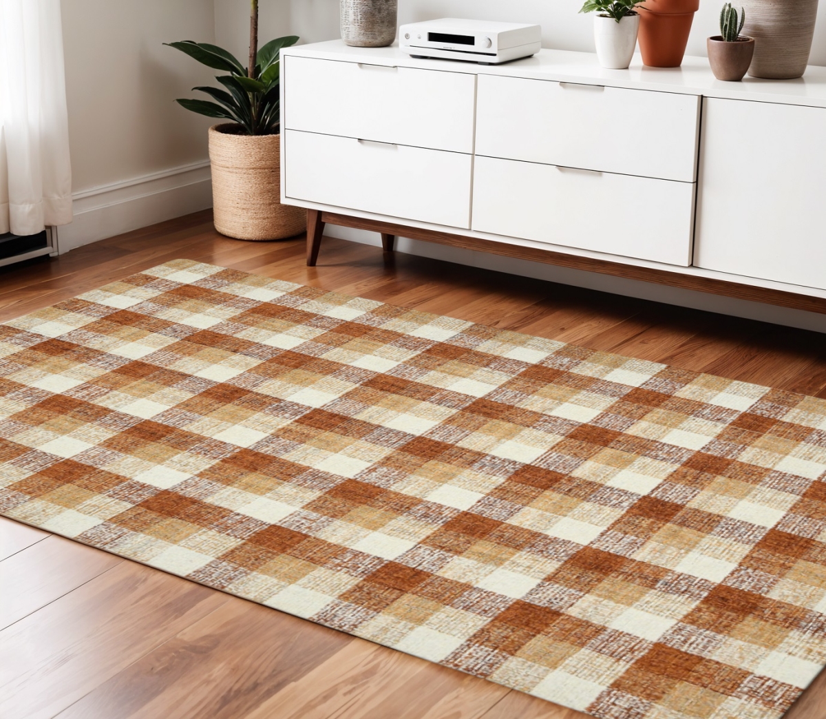 570541 4 x 6 ft. Wool Plaid Hand Tufted Rectangle Area Rug, Orange Beige & Brick Red