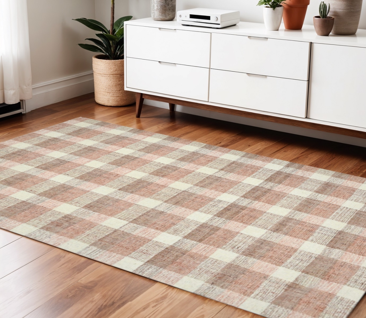 570551 4 x 6 ft. Wool Plaid Hand Tufted Rectangle Area Rug, Pink & Ivory