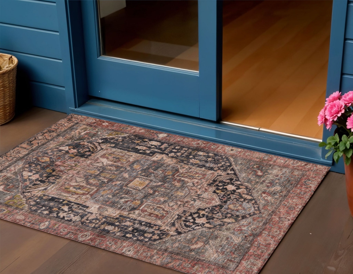 608004 3 x 5 ft. Charcoal Medallion Washable Indoor & Outdoor Rectangle Area Rug