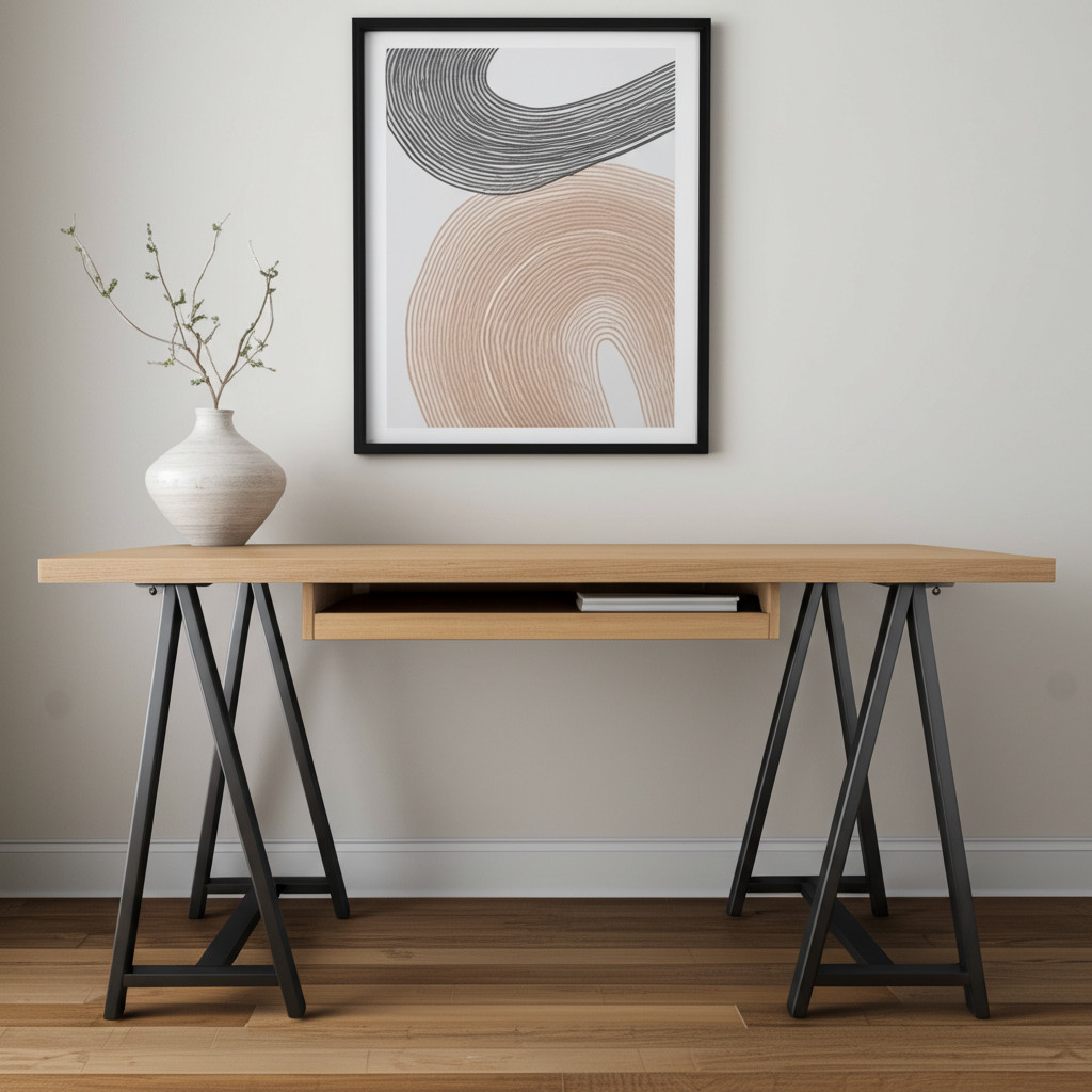 608136 60 in. Natural & Black Solid Wood & Metal Trestle Executive Desk