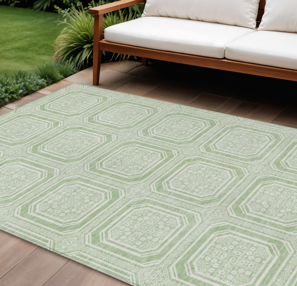 610833 9 x 12 ft. Mint Green & Ivory Geometric Washable Indoor & Outdoor Rectangle Area Rug