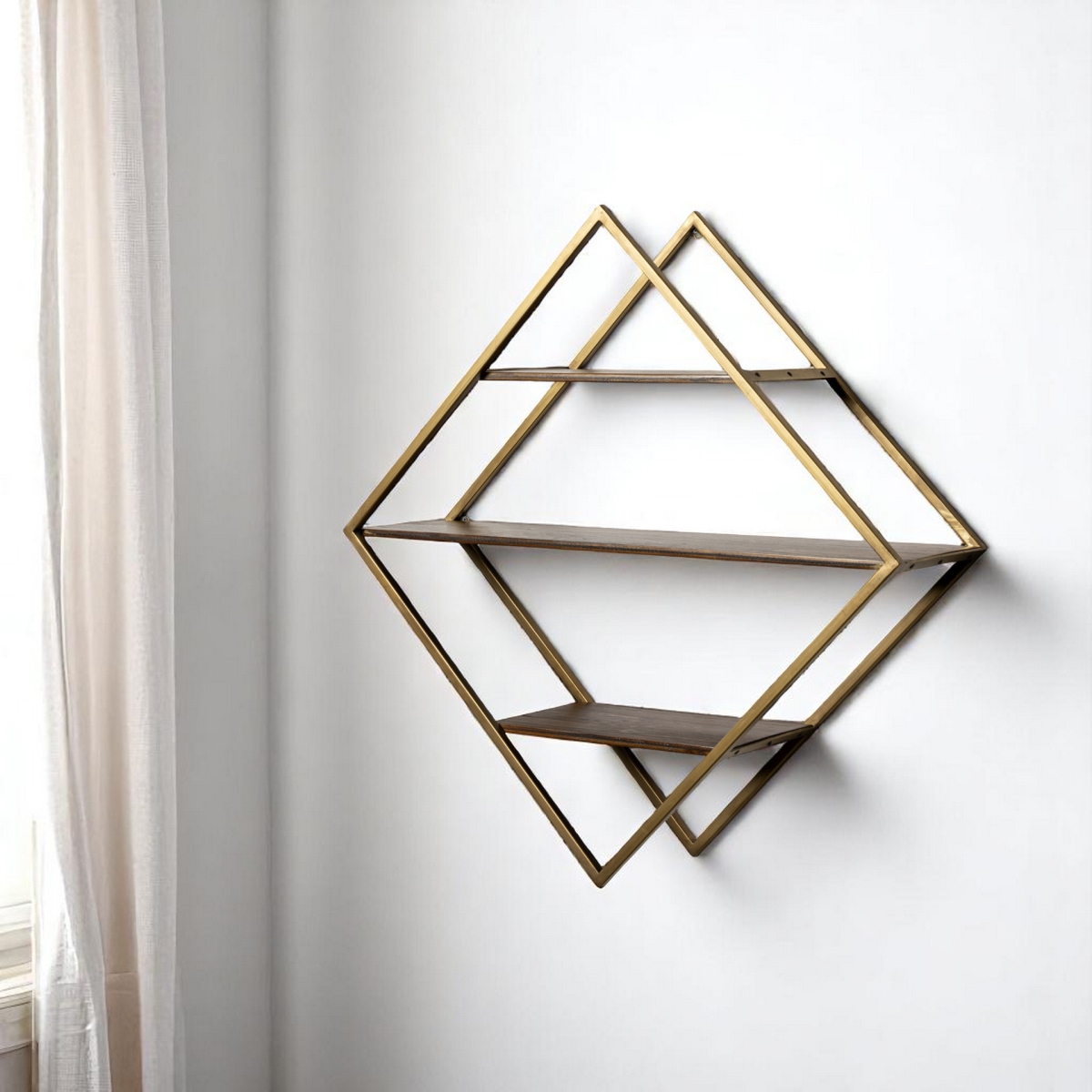 608663 30 in. Antiqued Brass & Brown Metal & Solid Wood Diamond Shaped Accent Shelf