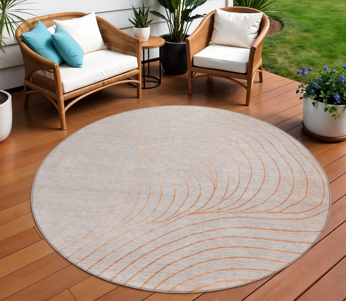 631763 8 ft. Copper & Silver Round Abstract Washable Indoor & Outdoor Area Rug