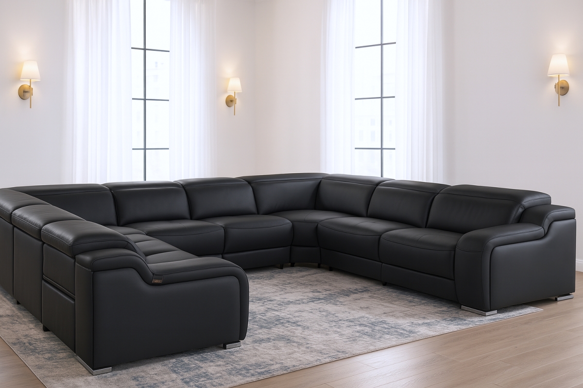 632576 Black Italian Leather Power Reclining U Shaped 8 Piece Corner Sectional with Console