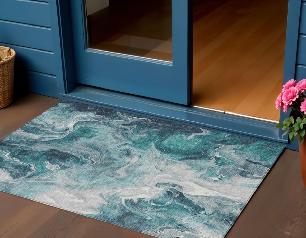 617800 3 x 5 ft. Teal Blue & Ivory Abstract Washable Indoor & Outdoor Rectangle Area Rug