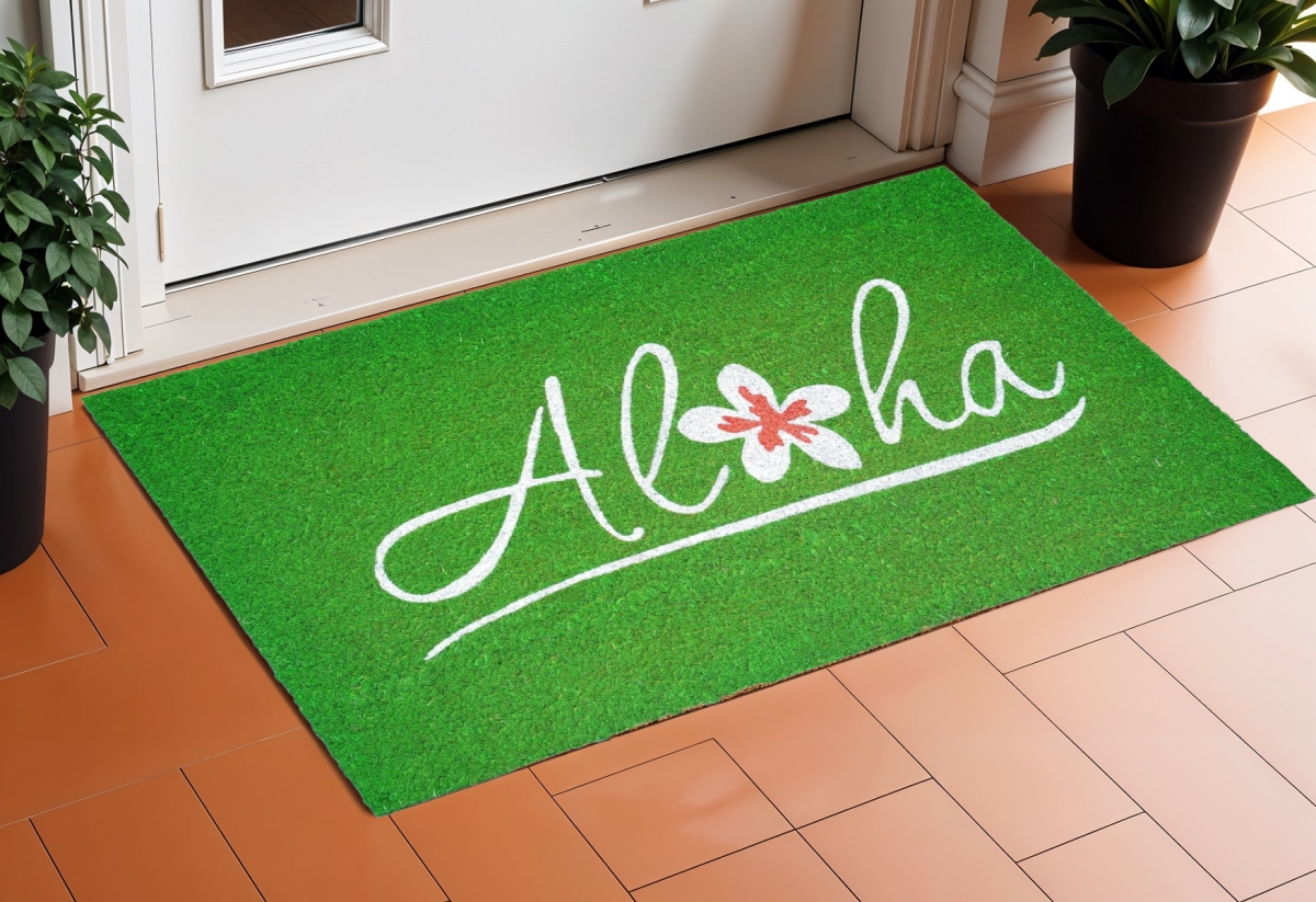 632314 17 x 29 in. Green & White Aloha Outdoor Coir Door Mat